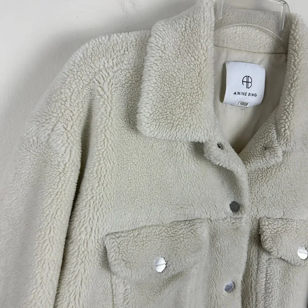 Anine Bing Cream Sherpa Rory Snap Front Jacket S - Picture 4 of 7
